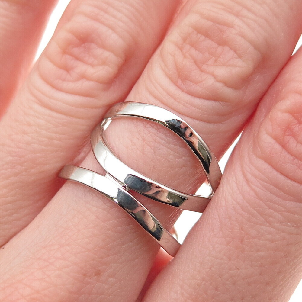 925 Sterling Silver Vintage Modernist Wavy 3-Row Ring Size 9.25